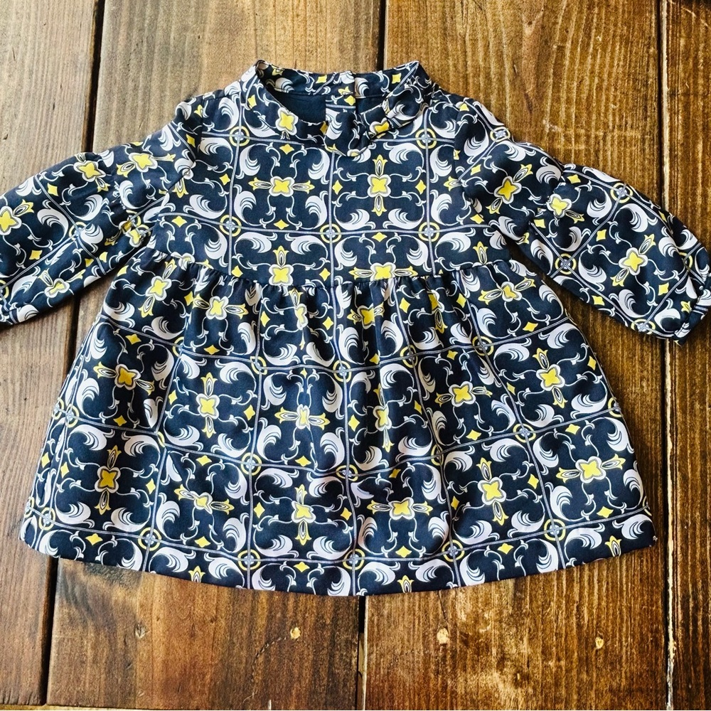 Janie and Jack Blue and Yellow Paisley Long Sleeve Dress w/ bloomers Size 12-18m